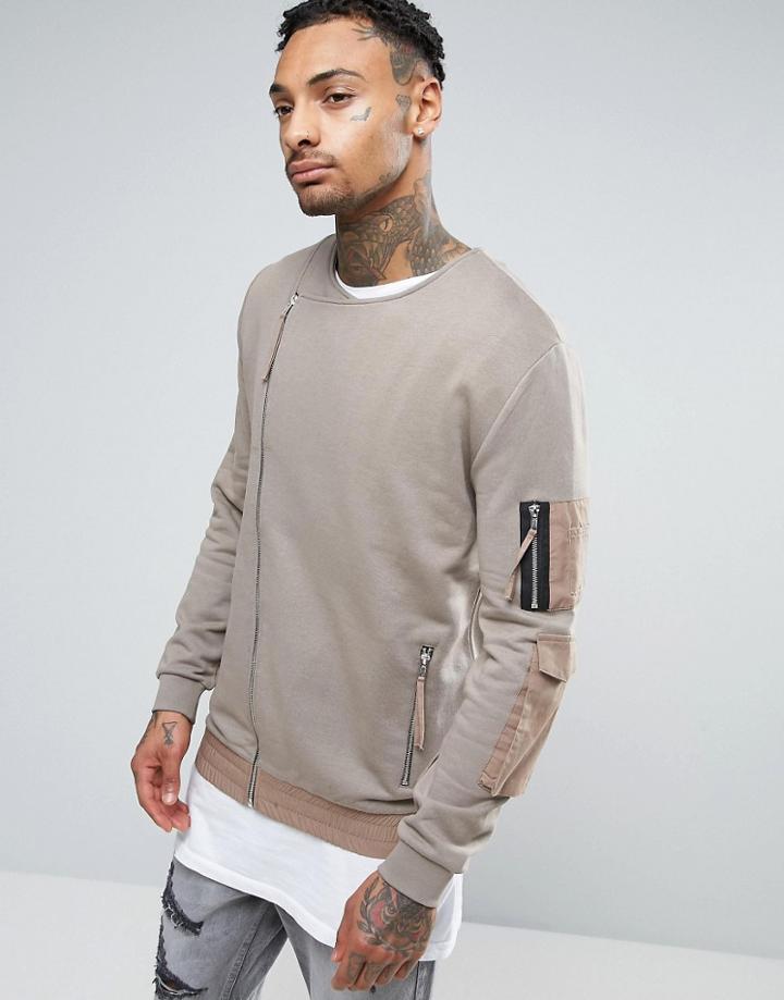 Asos Jersey Biker Jacket With Ma1 Pocket & Zips - Beige
