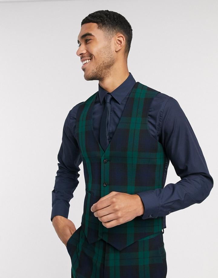 Asos Design Super Skinny Suit Suit Vest In Blackwatch Plaid-green