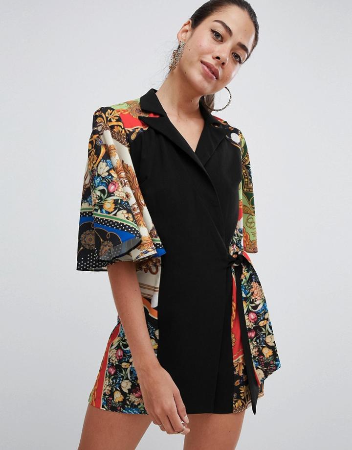 Asos Design Playsuit With Cape And Scarf Print Detail - Multi