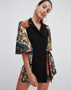 Asos Design Playsuit With Cape And Scarf Print Detail - Multi