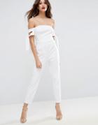 Asos Bardot Jumpsuit With Tie Sleeve Detail - White