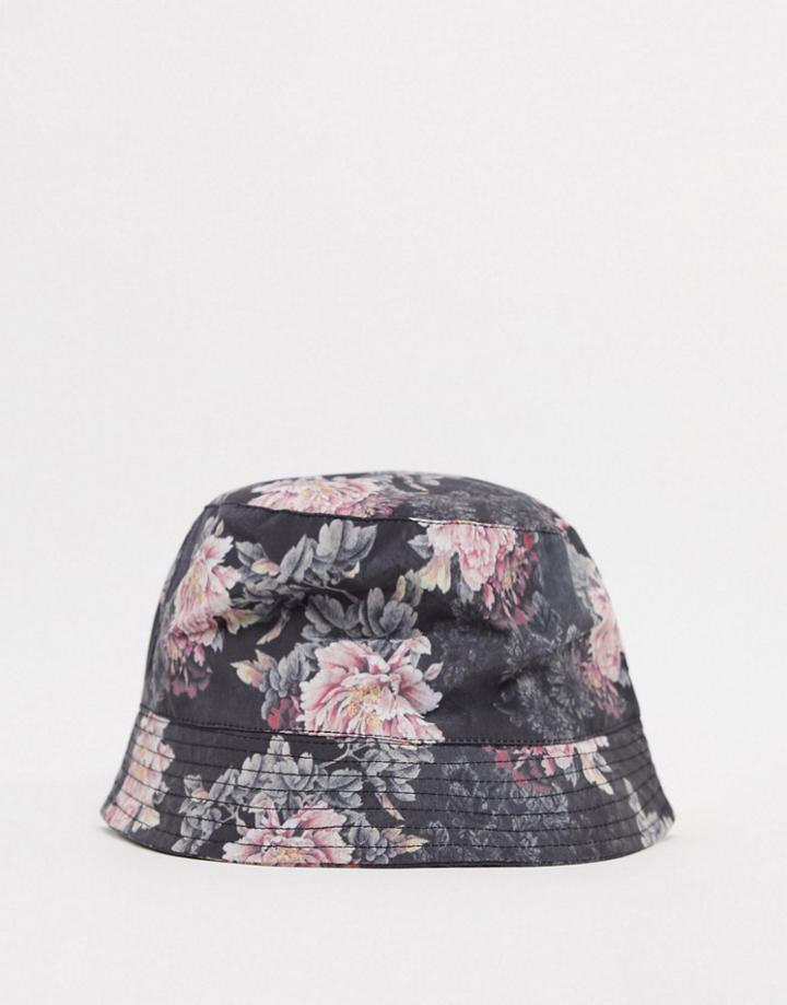 Asos Design Bucket Hat In Dark Floral Print-black
