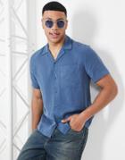 River Island Short Sleeve One Pocket Revere Shirt In Blue