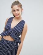 Prettylittlething Striped Frill Hem Plunge Crop Top - Navy