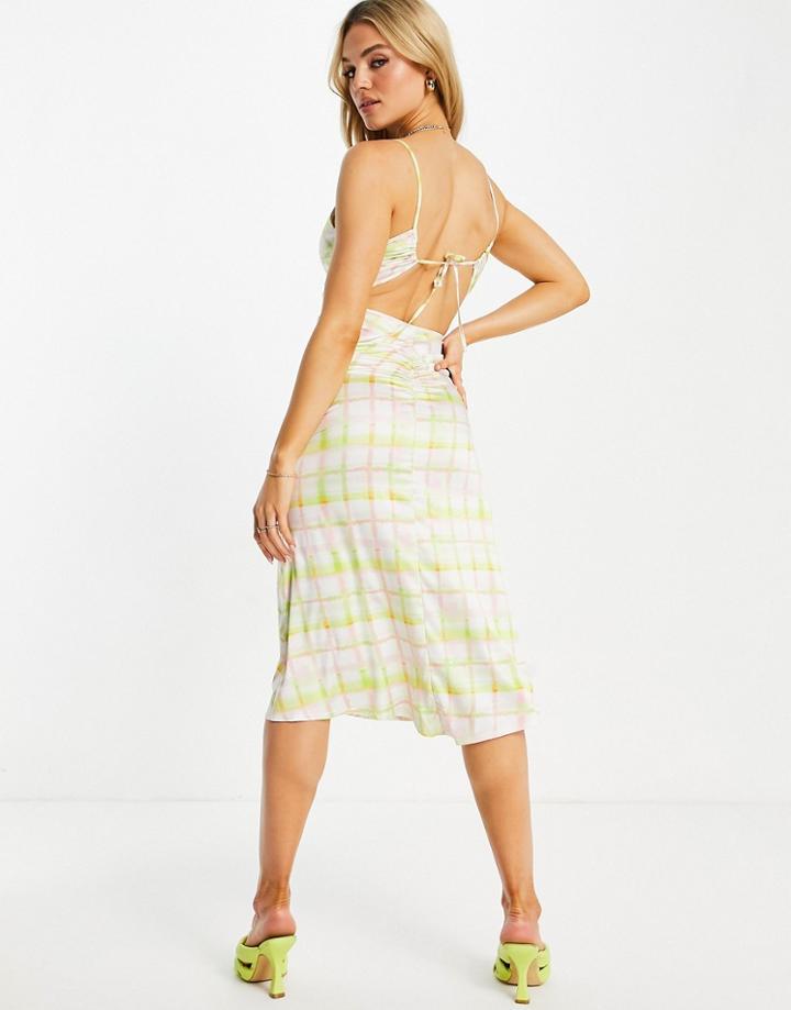 Asos Design Cami Ruched Strappy Back Satin Midi Dress In Check Print-multi