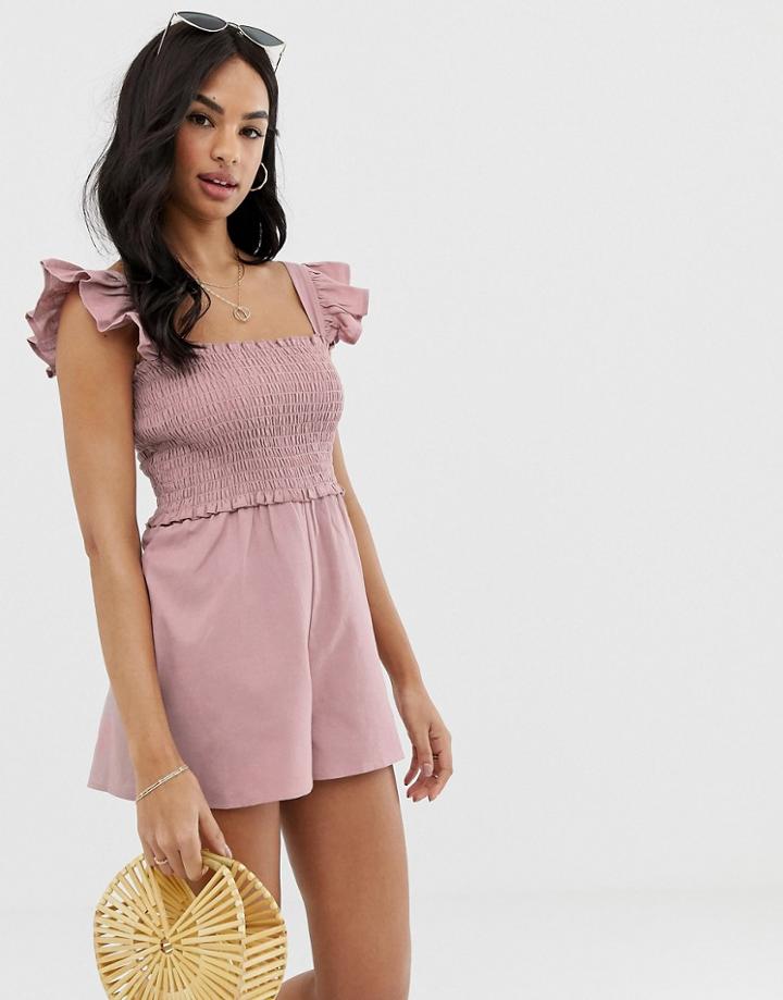 Asos Design Shirred Romper With Frill Sleeve - Multi