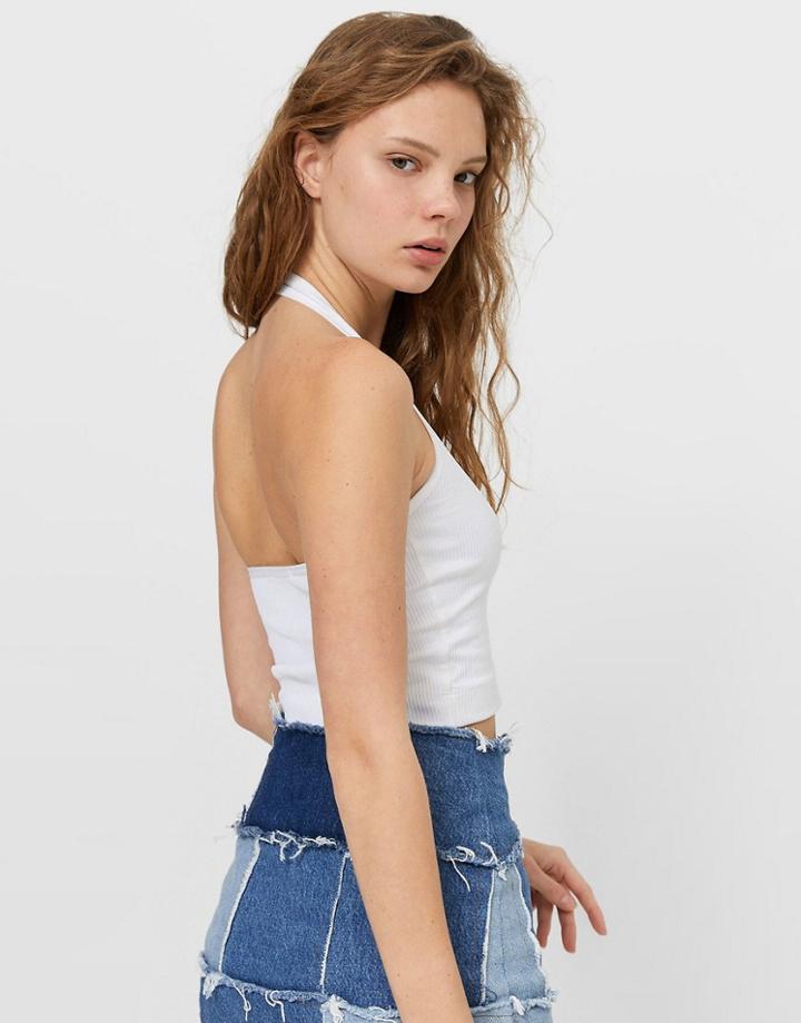 Stradivarius Ribbed Halterneck Tank In White