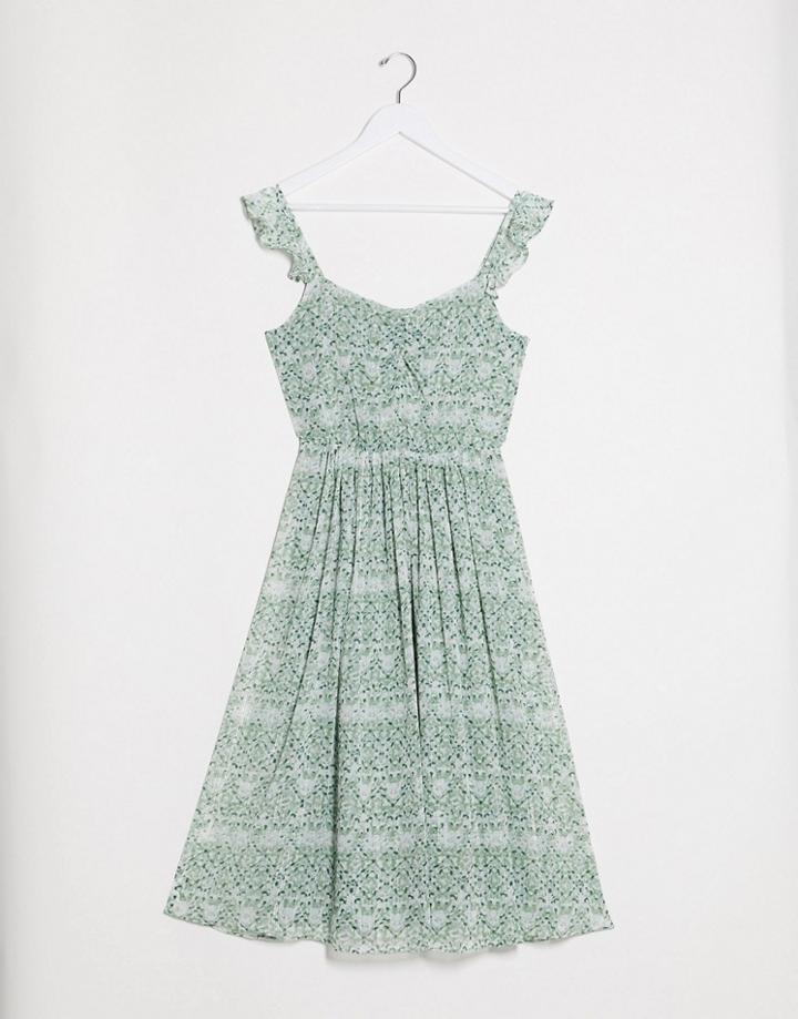 Vila Midi Dress With Frill Shoulder Detail In Green Floral