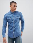 Asos Design Skinny Western Denim Shirt In Mid Wash - Blue