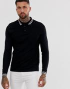Asos Design Long Sleeve Tipped Pique Polo Shirt In Black - Black