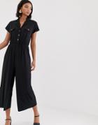 Asos Design Button Detail Shirt Jumpsuit With Short Sleeve - Black