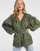 Asos Design Broderie Kimono Sleeve Top With Belt Detail-no Color