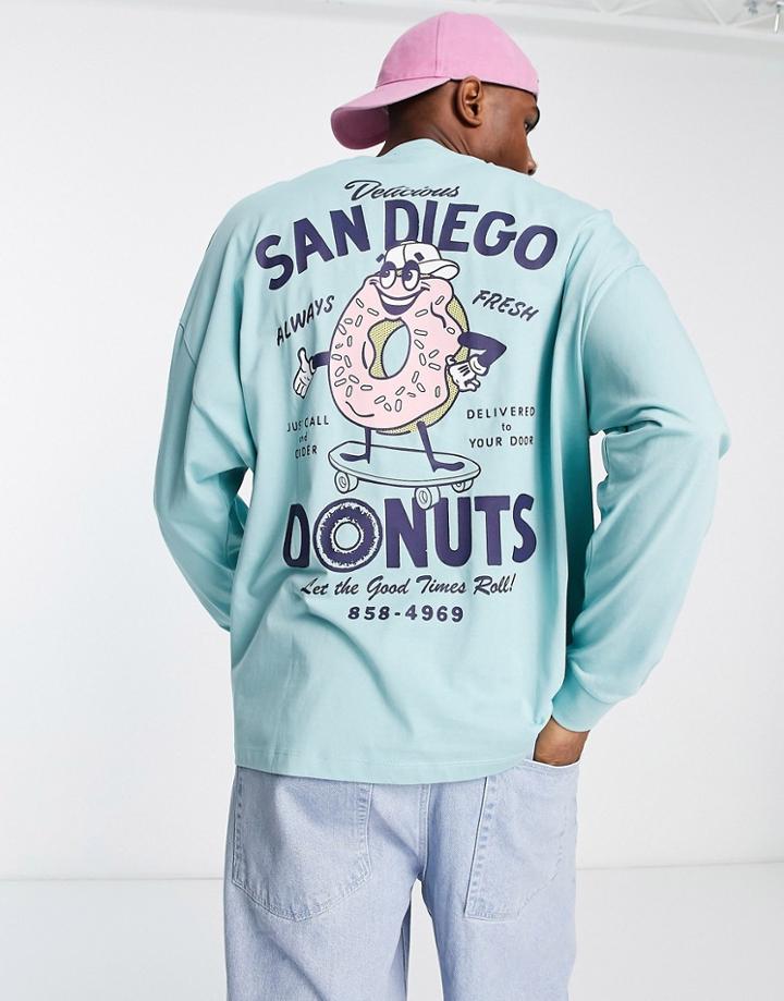 Asos Design Oversized Long Sleeve T-shirt In Blue With Cartoon Donut Back Print