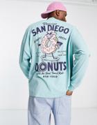 Asos Design Oversized Long Sleeve T-shirt In Blue With Cartoon Donut Back Print