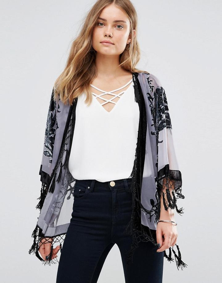 Jayley Contrast Devore Kimono - White
