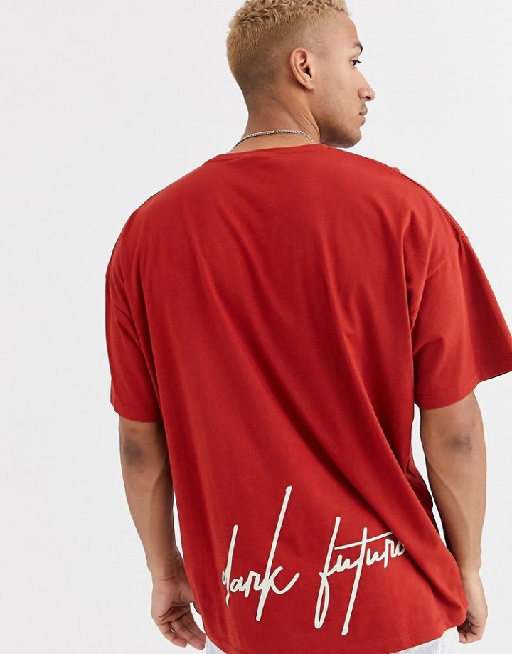 Asos Design Oversized T-shirt With Back And Sleeve Dark Future Logo-red