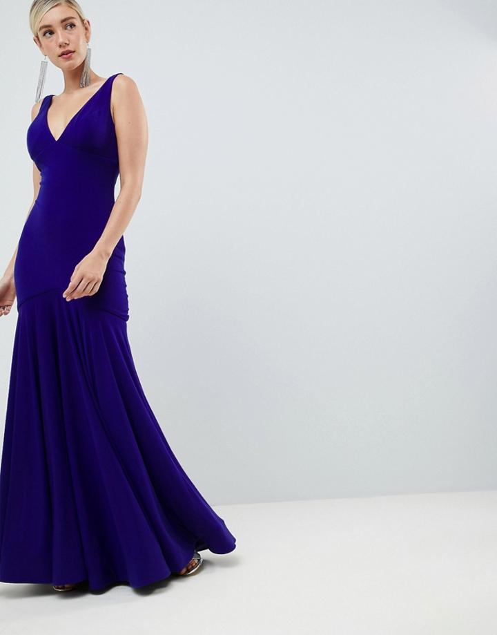 Jovani Slinky Plunge Pleated Maxi Dress - Blue