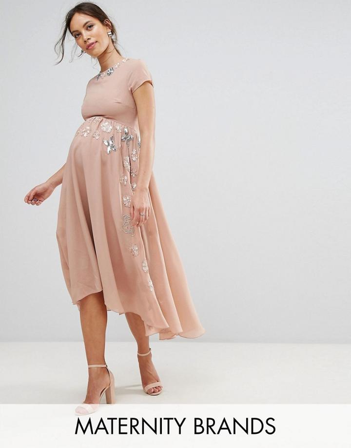 Maya Maternity Embellished Skirt Midi Dress With Hi Low Hem - Purple