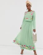 Asos Design Double Layer Embroidered Maxi Dress - Green