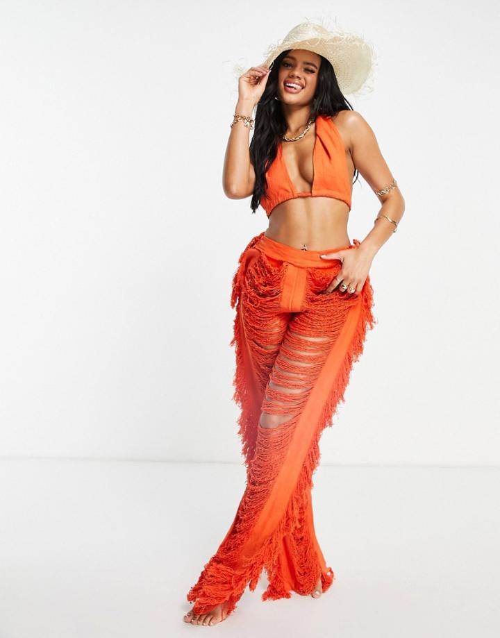 Thrifts + Threads Exaggerated Fray Detail Wide Leg Pants In Orange