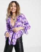 Asos Design Tie Front Blouse With Ruffle Detail In Purple Floral