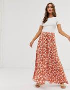 Asos Design Button Front Maxi Skirt In Brown Floral Print - Multi