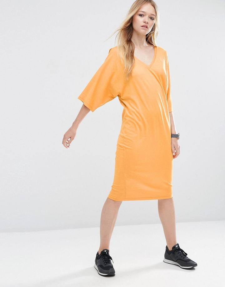 Asos Midi T-shirt Dress With Kimono Sleeve - Ochre