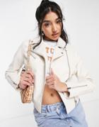 Miss Selfridge Faux Leather Zip Front Moto Jacket In Cream-white