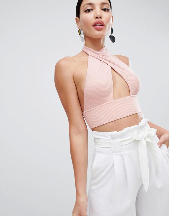 Asos Design Crop Halter Neck Top In Chunky Rib - Pink