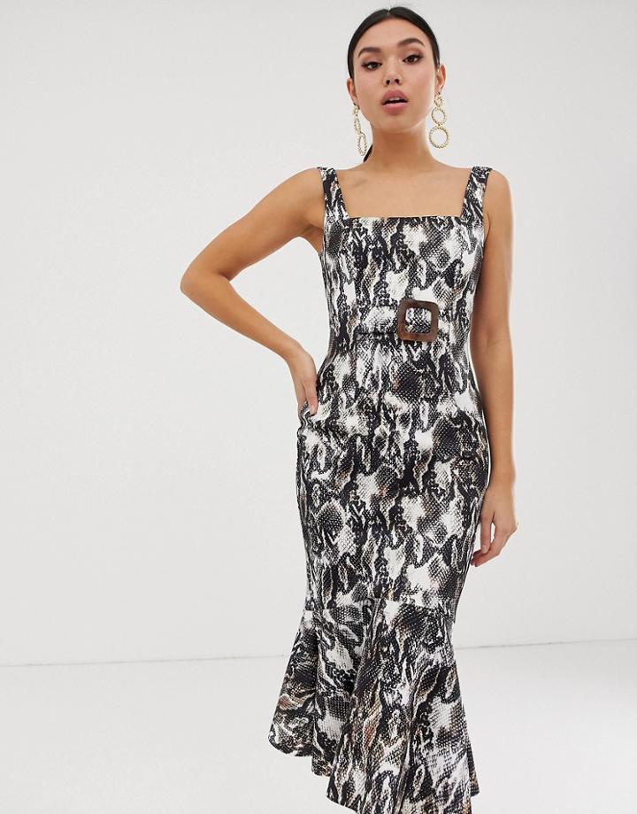 Asos Design Midi Dress With Pep Hem And Belt Detail In Snake Print-multi
