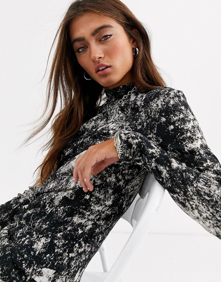 Noisy May Plisse High Neck Top In Marble Print-black