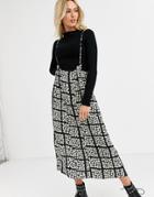 Asos Design Daisy Grid Print Midi Pinafore Skirt With Tie Straps-multi