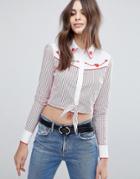 Fashion Union Western Shirt With Heart Embroidery In Stripe - Red