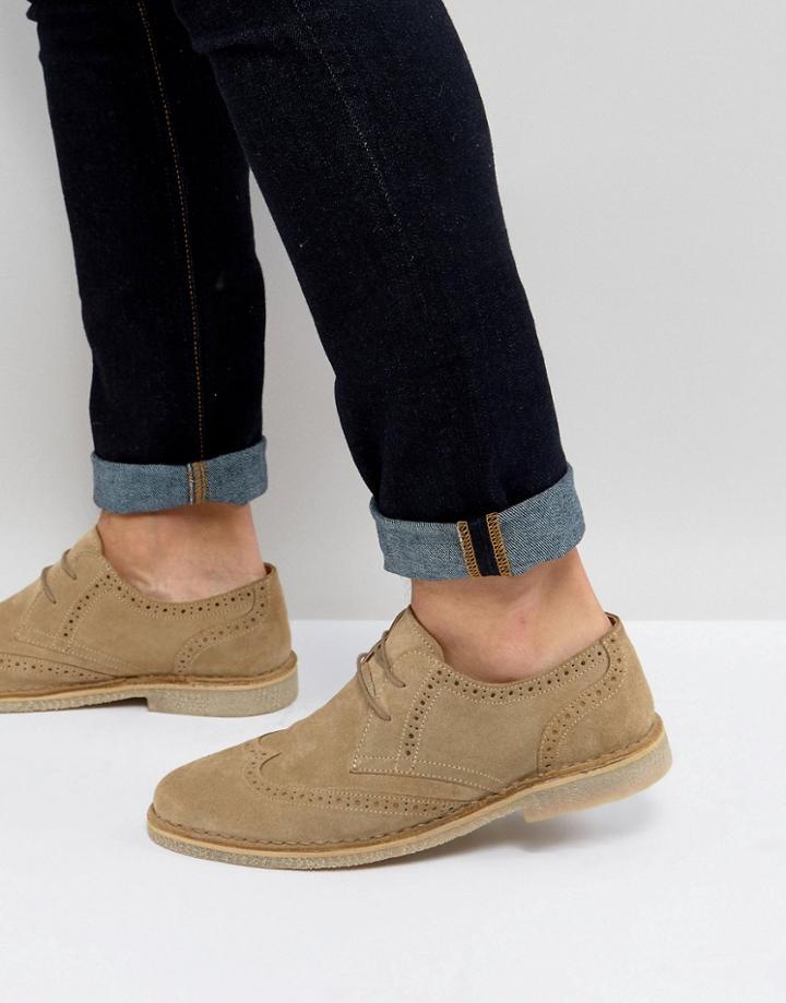 Asos Derby Shoes In Stone Suede With Brogue Detailing - Stone