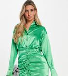 Asyou Ruched Satin Shirt Dress In Green