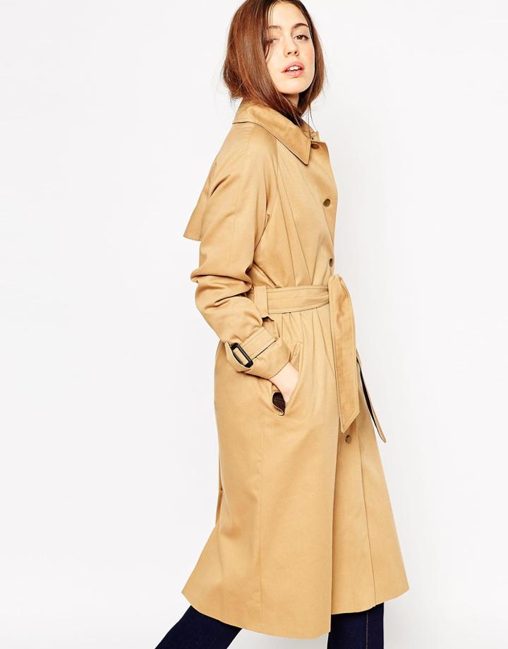 Asos Trench In Midi Length With Heritage Contrast Cuff And Belt - Stone