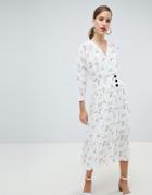 Asos Design Pleated Maxi Dress With Side Buttons In Ditsy Floral - Multi