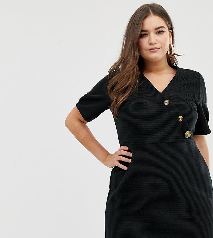 Asos Design Curve Mini Textured Pencil Dress With Faux Horn Buttons-black