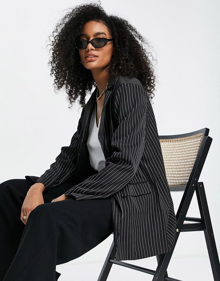 Lola May Pin Stripe Oversized Blazer In Black