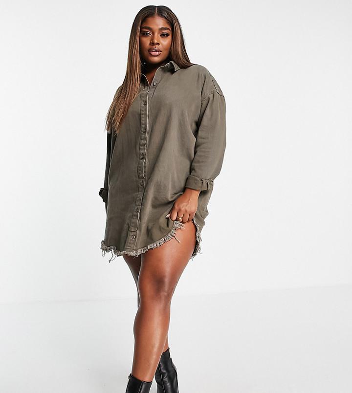 Missguided Plus Oversized Denim Shirt Dress In Khaki-green