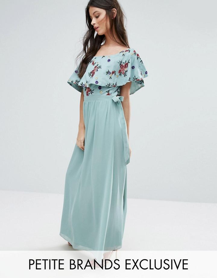 Little Mistress Petite Floral Embroidered Off Shoulder Maxi Dress - Green