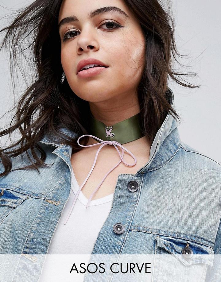 Asos Curve Khaki Lace Up Choker Necklace - Multi