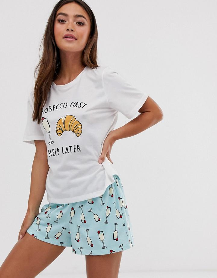 Asos Design Prosecco T-shirt And Short Pyjama Set-white