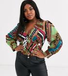 Outrageous Fortune Plus Plunge Front Blouse In Scarf Print