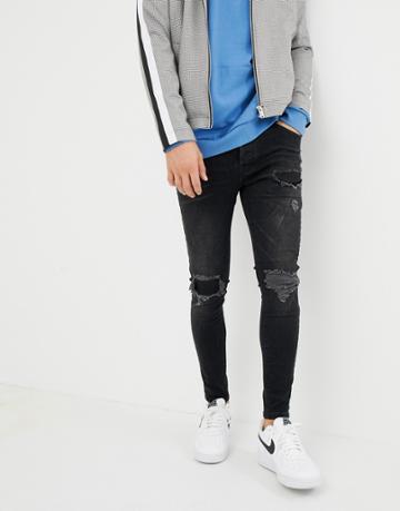 Gym King Muscle Jeans In Black With Distressing - Black