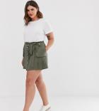 Asos Design Curve Linen Pleat Mini Skirt With Button Front And Pockets - Green