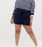 Asos Design Curve Linen Tie Waist Shorts-navy