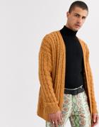 Asos Design Oversized Cable Knit Cardigan In Tan
