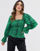 Asos Design Shirred Square Neck Top With Long Sleeve In Tiger Animal Print - Multi