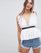 Asos Design Plunge Top In Broderie With Contrast Detail - White